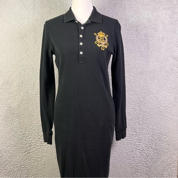 Ralph Lauren Dresses & Skirts - Ralph Lauren Sport Polo Dress Womens Small Black Gold Crest Long Sleeve Preppy
